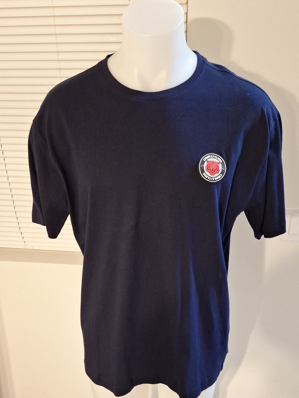 Cavalli Class Navy Short Sleeve Crewneck Tee with Red Patch